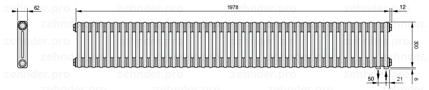 Схема (чертеж) Радиатор Zehnder Charleston 2030/43 №5510 Белый глянцевый RAL 9016